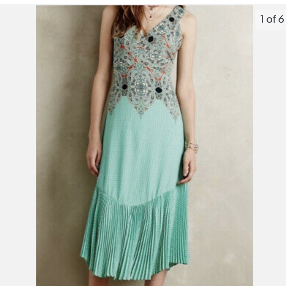 🌟 Anthropologie | Maeve Mint Printed Dress with Pleat Accent Size 8P